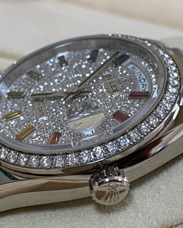 Rolex White Gold Day-Date 36 - 2024 - Diamond Bezel - Diamond Paved Rainbow Sapphire Dial - President Bracelet - 128349RBR *FULL SET* - Image 4