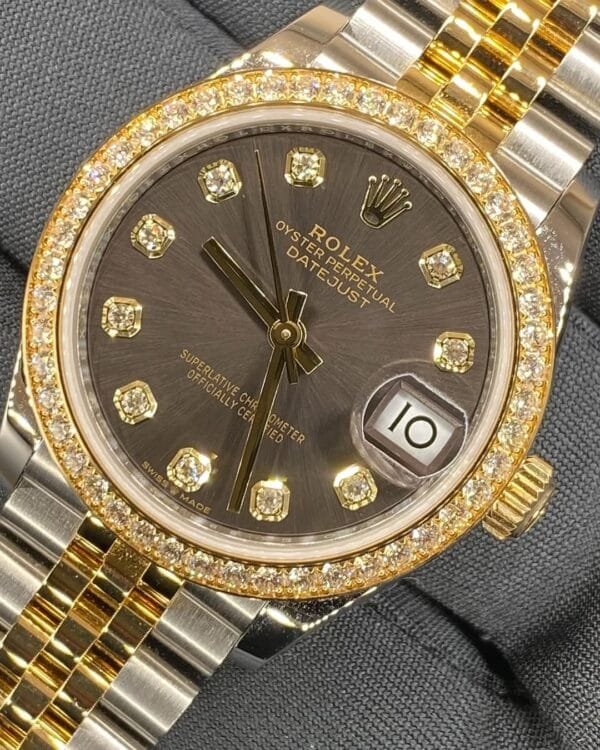 Rolex Steel and Yellow Gold Datejust 31 - 2023 - Diamond Bezel - Dark Grey Diamond Dial - Jubilee Bracelet - 278383RBR - Image 7