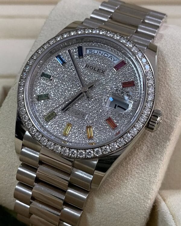 Rolex White Gold Day-Date 36 - 2024 - Diamond Bezel - Diamond Paved Rainbow Sapphire Dial - President Bracelet - 128349RBR *FULL SET* - Image 3