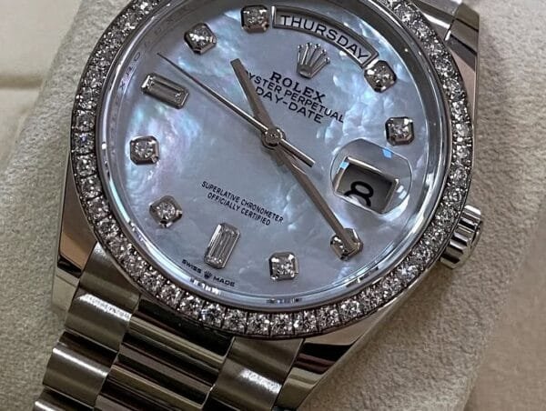 Rolex White Gold Day-Date 36 - 2023 - Diamond Bezel - Mother-of-Pearl Diamond Dial - President Bracelet - 128349RBR - Image 7