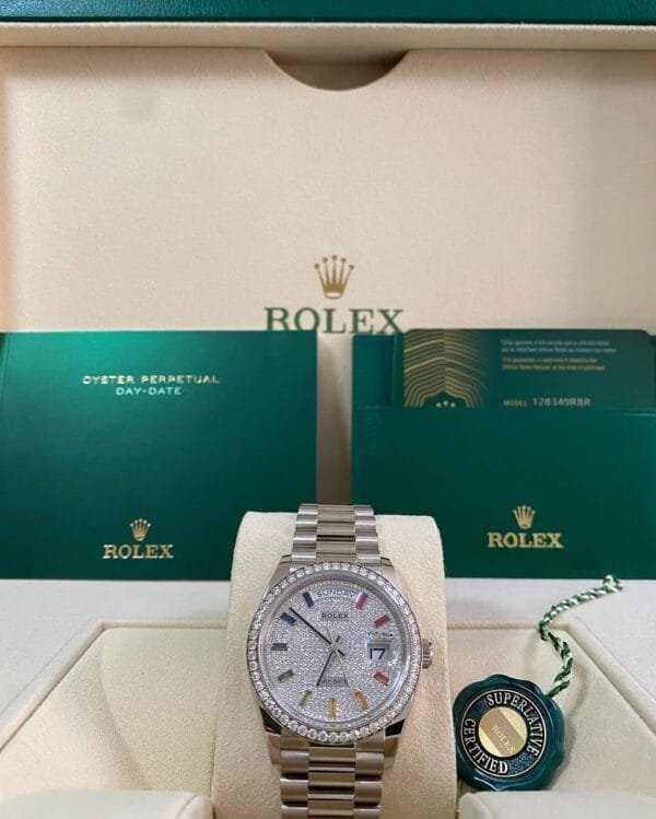 Rolex White Gold Day-Date 36 - 2024 - Diamond Bezel - Diamond Paved Rainbow Sapphire Dial - President Bracelet - 128349RBR *FULL SET*