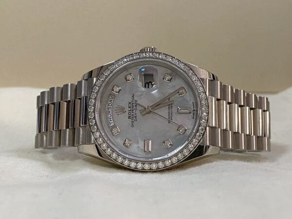Rolex White Gold Day-Date 36 - 2023 - Diamond Bezel - Mother-of-Pearl Diamond Dial - President Bracelet - 128349RBR - Image 8