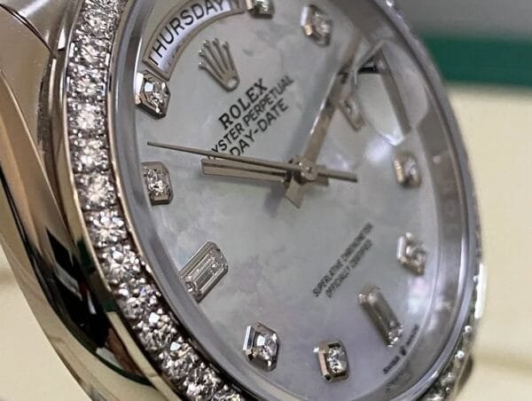 Rolex White Gold Day-Date 36 - 2023 - Diamond Bezel - Mother-of-Pearl Diamond Dial - President Bracelet - 128349RBR - Image 9