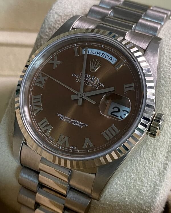 Rolex White Gold Day-Date 36 - Fluted Bezel - Bronze Roman Dial - President Bracelet - 18239 - Image 9