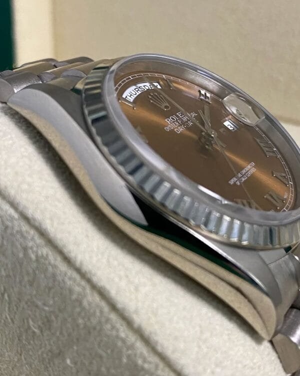 Rolex White Gold Day-Date 36 - Fluted Bezel - Bronze Roman Dial - President Bracelet - 18239 - Image 7