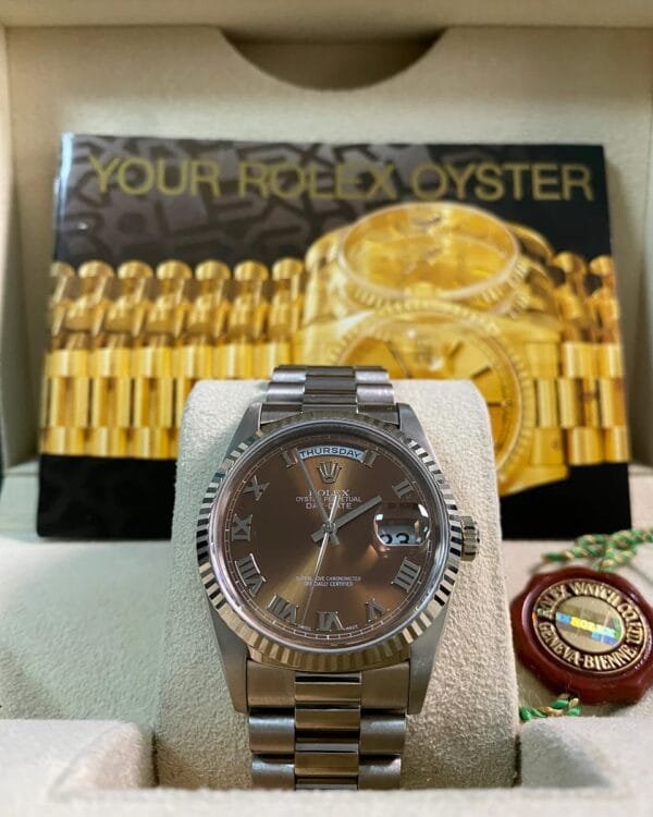 Rolex White Gold Day-Date 36 - Fluted Bezel - Bronze Roman Dial - President Bracelet - 18239