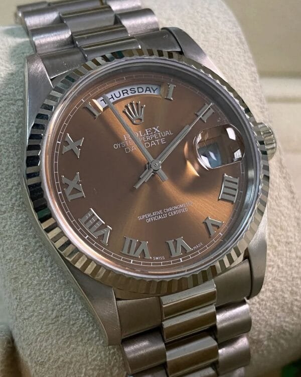 Rolex White Gold Day-Date 36 - Fluted Bezel - Bronze Roman Dial - President Bracelet - 18239 - Image 5