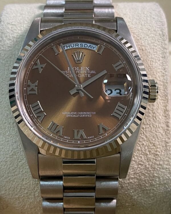 Rolex White Gold Day-Date 36 - Fluted Bezel - Bronze Roman Dial - President Bracelet - 18239 - Image 4