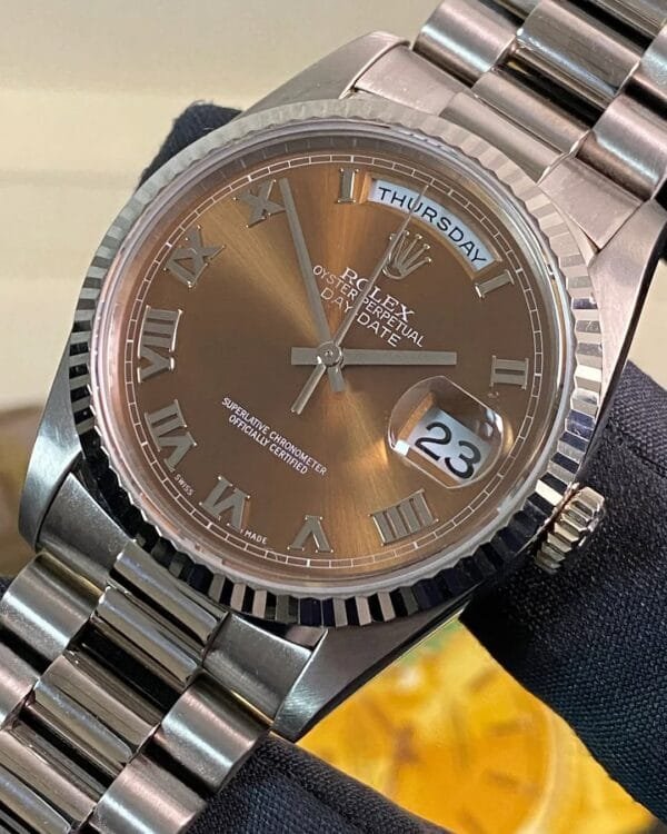 Rolex White Gold Day-Date 36 - Fluted Bezel - Bronze Roman Dial - President Bracelet - 18239 - Image 3