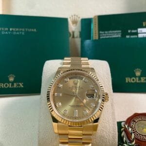 Rolex Yellow Gold Day-Date 36 - 2010 - Fluted Bezel - Factory Diamond Dial - President Bracelet - 118238 *FULL SET*
