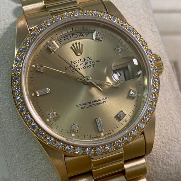 Rolex Yellow Gold Day-Date 36 - Diamond Bezel - Diamond Dial - President Bracelet - 18048 - Image 9