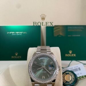Rolex White Gold Day-Date 40 - 2023 -Diamond-Set Bezel - Olive Green Bevelled Roman Dial - President Bracelet - 228349RBR *FULL SET*