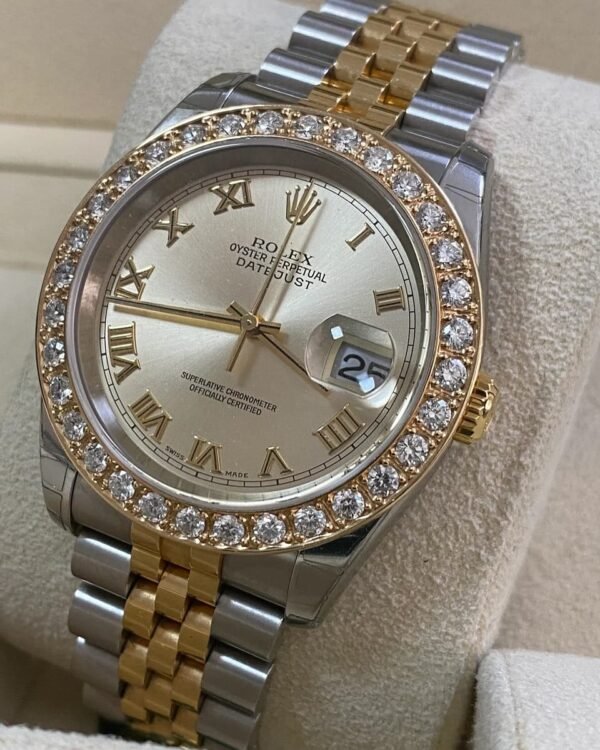 Rolex Steel and Yellow Gold Datejust 36 - D serial - Custom Diamond Bezel - Silver Roman Dial - Jubilee Bracelet - 116233 - Image 8