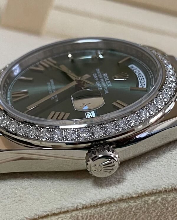 Rolex White Gold Day-Date 40 - 2023 -Diamond-Set Bezel - Olive Green Bevelled Roman Dial - President Bracelet - 228349RBR *FULL SET* - Image 3