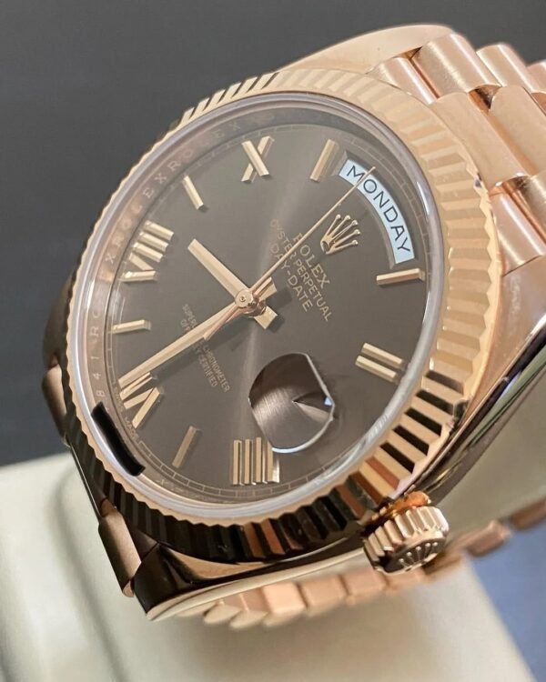 Rolex Everose Gold Day-Date 40 - 2016 - Fluted Bezel - Chocolate Roman Dial - President Bracelet - 228235 *UNPOLISHED* - Image 11