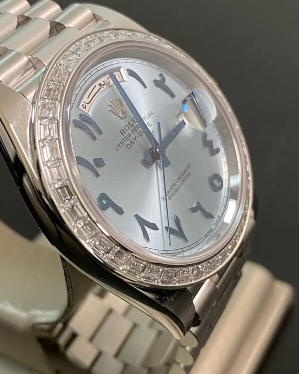 Rolex Platinum Day-Date 40 - 2017 - Baguette Bezel - Ice Blue Arabic Dial - President Bracelet - 228396RBR *UNPOLISHED* - Image 4