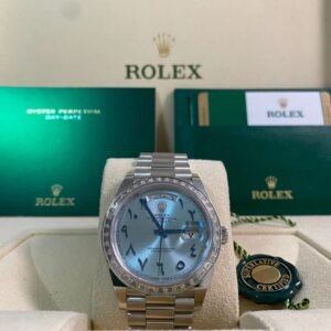 Rolex Platinum Day-Date 40 - 2017 - Baguette Bezel - Ice Blue Arabic Dial - President Bracelet - 228396RBR *UNPOLISHED*