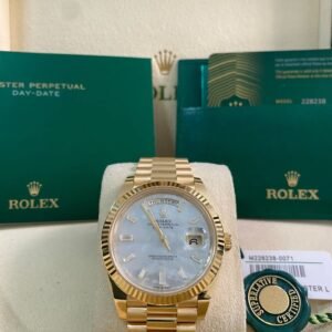 Rolex Yellow Gold Day-Date 40 - 2025 - Fluted Bezel - Mother-of-Pearl Baguette Dial - President Bracelet - 228238 *FULL SET*