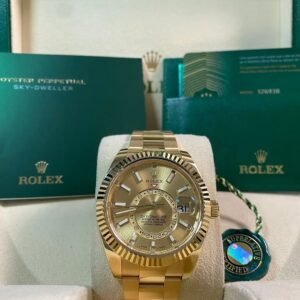 Rolex Yellow Gold Sky-Dweller - 2021 - Fluted Bezel - Champagne Index Dial - Oyster Bracelet - 326938 *FULL SET*