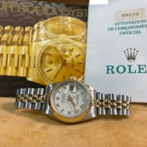 Rolex Steel & Yellow Gold Lady-Datejust - E serial - Fluted Bezel - Ivory Pyramid Roman Dial - Jubilee Bracelet - 69173 *FULL SET*