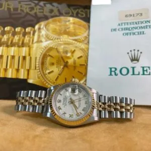 Rolex Steel & Yellow Gold Lady-Datejust - E serial - Fluted Bezel - Ivory Pyramid Roman Dial - Jubilee Bracelet - 69173 *FULL SET*