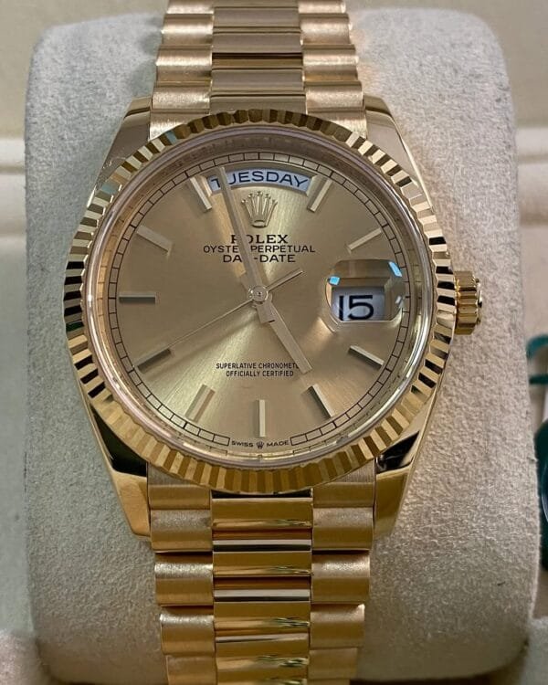 Rolex Yellow Gold Day-Date 36 - 2021 - Fluted Bezel - Champagne Index Dial - President Bracelet - 128238 *FULL SET* - Image 7