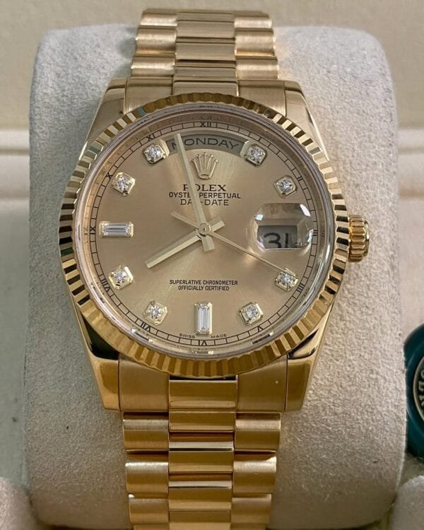 Rolex Yellow Gold Day-Date 36 - M serial - Fluted Bezel - Champagne Diamond Dial - President Bracelet - 118238 *FULL SET* - Image 10