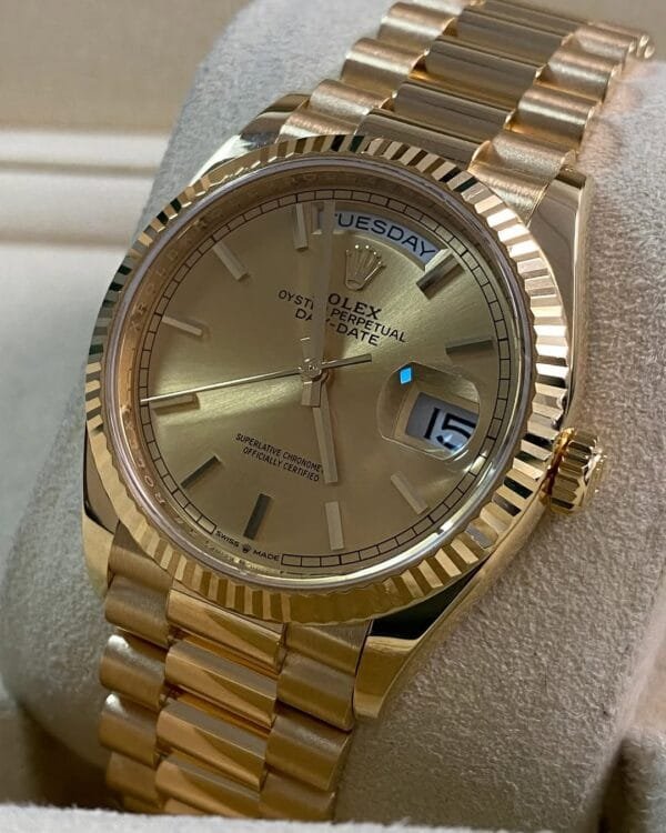 Rolex Yellow Gold Day-Date 36 - 2021 - Fluted Bezel - Champagne Index Dial - President Bracelet - 128238 *FULL SET* - Image 6