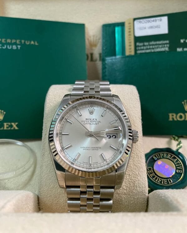 Rolex Steel Datejust 36 - 2009 - Fluted Bezel - Silver Index Dial - Jubilee Bracelet - 116234 *FULL STICKERS*