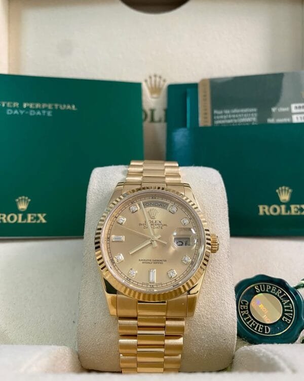 Rolex Yellow Gold Day-Date 36 - M serial - Fluted Bezel - Champagne Diamond Dial - President Bracelet - 118238 *FULL SET*