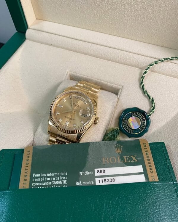 Rolex Yellow Gold Day-Date 36 - M serial - Fluted Bezel - Champagne Diamond Dial - President Bracelet - 118238 *FULL SET* - Image 6
