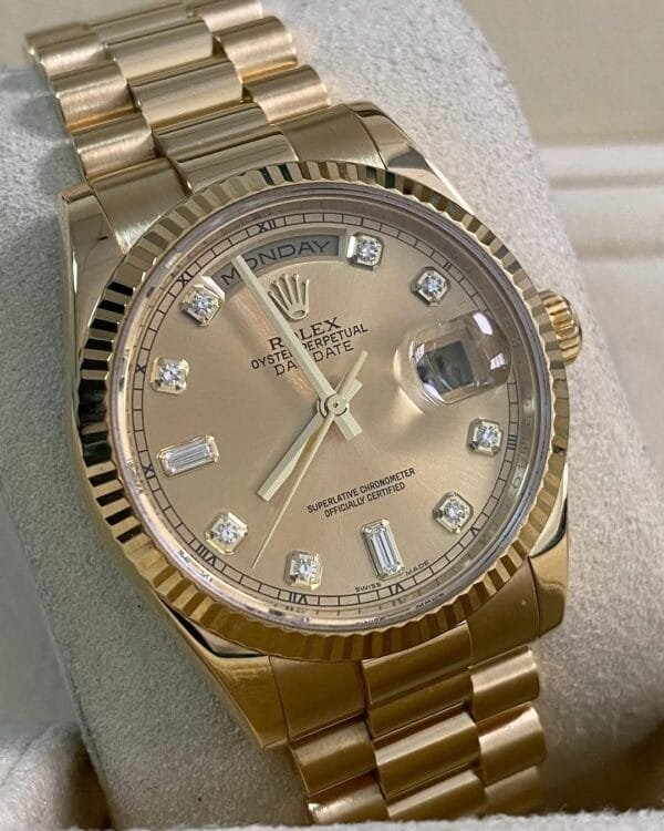 Rolex Yellow Gold Day-Date 36 - M serial - Fluted Bezel - Champagne Diamond Dial - President Bracelet - 118238 *FULL SET* - Image 4