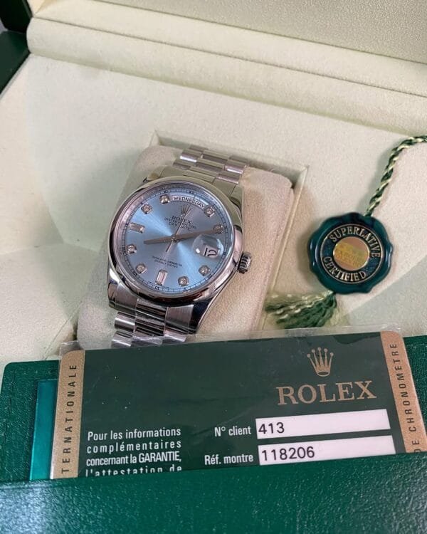 Rolex Platinum Day-Date 36 - 2013 - Domed Bezel - Ice Blue Glacier Diamond Dial - President Bracelet - 118206 *FULL SET*