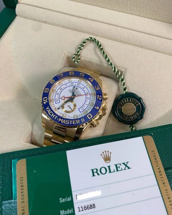 Rolex Yellow Gold Yacht-Master II - 2015 - Blue Bezel - White Dial - 116688 *FULL SET* - Image 7