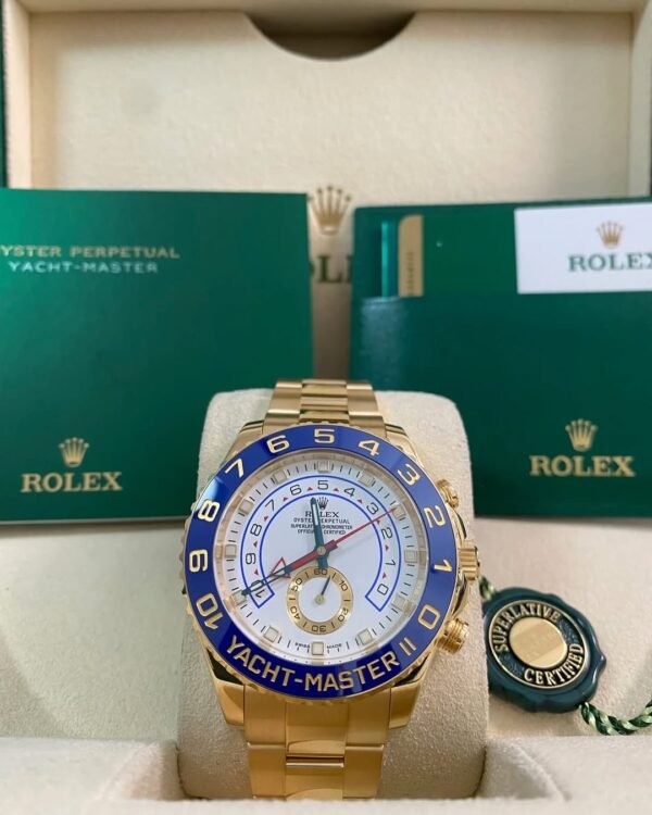 Rolex Yellow Gold Yacht-Master II - 2015 - Blue Bezel - White Dial - 116688 *FULL SET*