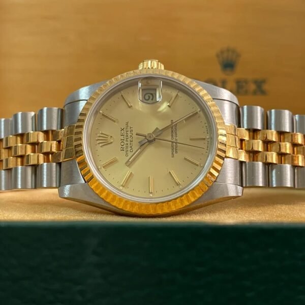 Rolex Steel & Yellow Gold Datejust 31 - R serial - Fluted Bezel - Champagne Index Dial - Jubilee Bracelet - 68273 *NOS* - Image 8
