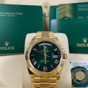 Rolex Yellow Gold Day-Date 40 - 2024 - Fluted Bezel - Green Ombre Dial - President Bracelet - 228238 *FULL SET*