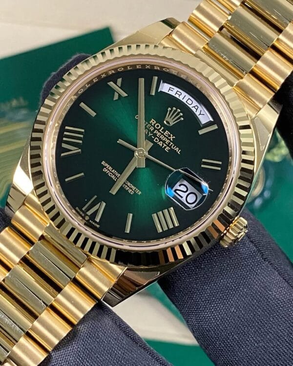 Rolex Yellow Gold Day-Date 40 - 2024 - Fluted Bezel - Green Ombre Dial - President Bracelet - 228238 *FULL SET* - Image 2