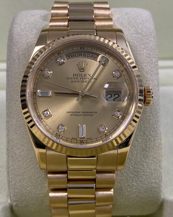 Rolex Yellow Gold Day-Date 36 - P serial - Fluted Bezel - Champagne Diamond Dial - President Bracelet - 118238 *FULL SET* - Image 12