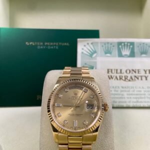 Rolex Yellow Gold Day-Date 36 - P serial - Fluted Bezel - Champagne Diamond Dial - President Bracelet - 118238 *FULL SET*