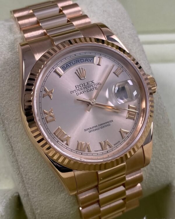 Rolex Everose Gold Day-Date 36 - P serial - Fluted Bezel - Pink Roman Dial - President Bracelet - 118235 *FULL SET* - Image 2