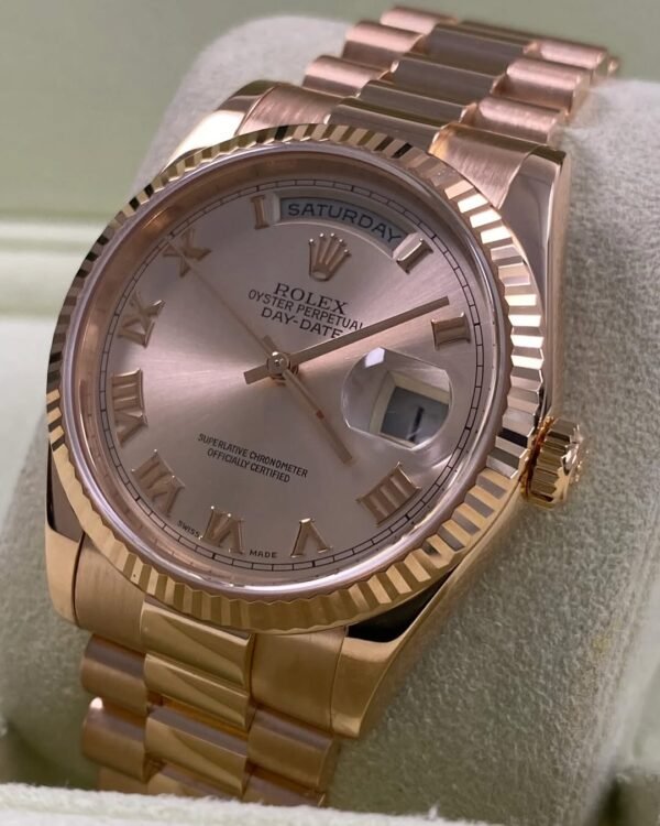Rolex Everose Gold Day-Date 36 - P serial - Fluted Bezel - Pink Roman Dial - President Bracelet - 118235 *FULL SET* - Image 3
