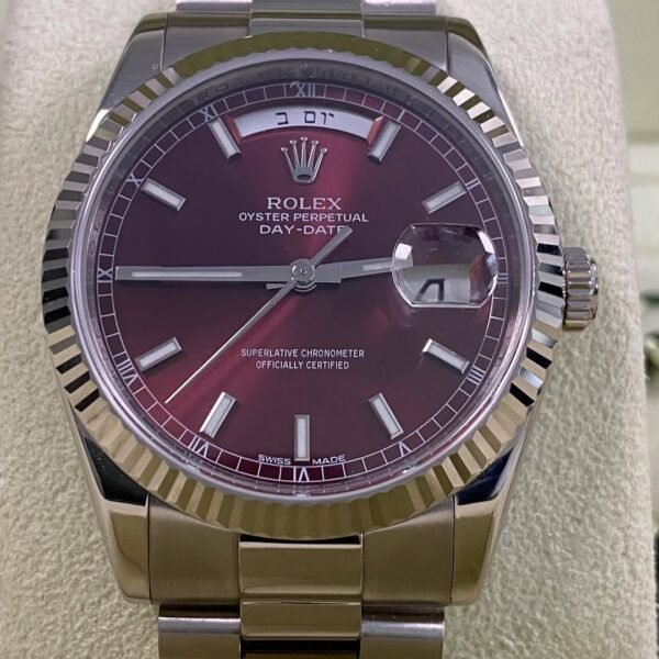 Rolex White Gold Day-Date 36 - 2007 - Fluted Bezel - Cherry Dial Hebrew Day Wheel - President Bracelet - 118239 *FULL SET* - Image 12
