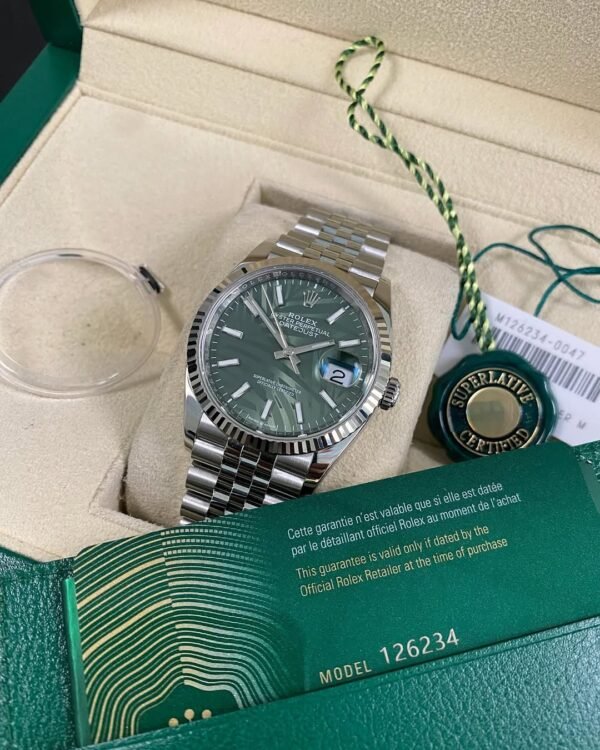 Rolex Steel Datejust 36 - 2022 - Fluted Bezel - Green Palm Motif Dial - Jubilee Bracelet - 126234 *FULL SET* - Image 10