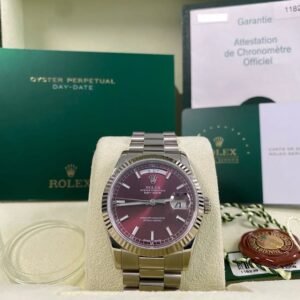 Rolex White Gold Day-Date 36 - 2007 - Fluted Bezel - Cherry Dial Hebrew Day Wheel - President Bracelet - 118239 *FULL SET*