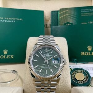 Rolex Steel Datejust 36 - 2022 - Fluted Bezel - Green Palm Motif Dial - Jubilee Bracelet - 126234 *FULL SET*