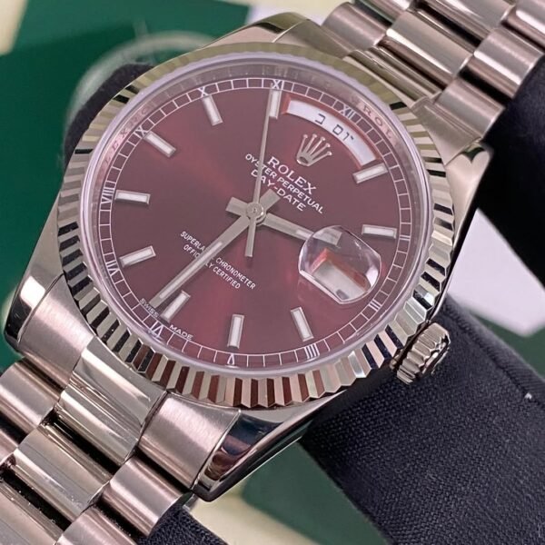 Rolex White Gold Day-Date 36 - 2007 - Fluted Bezel - Cherry Dial Hebrew Day Wheel - President Bracelet - 118239 *FULL SET* - Image 2