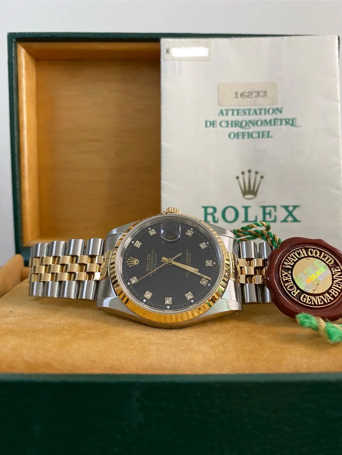 Rolex Steel & Yellow Gold Datejust 36 - 1991 - Fluted Bezel - Black Diamond Dial - 16233 *FULL SET*